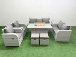 Fimous PE Rattan Garden Furniture Set Reclining Chair Sofa Double Love Seat 2 Seater Sofa Lounge Set Firepit Dining Table 2 Stools Side Table Light - thumbnail 2