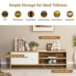 Costway TV Stand for 55 Inches TVs Wooden TV Console Table with 2 Open Shelf & Drawer in Natural - thumbnail 6