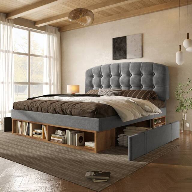 BTM King Upholstered Storage Bed Frame Drawers Adjustable Headboard in Grey - Size: Double - image 1