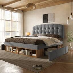 BTM King Upholstered Storage Bed Frame Drawers Adjustable Headboard in Grey - Size: Double - thumbnail 1