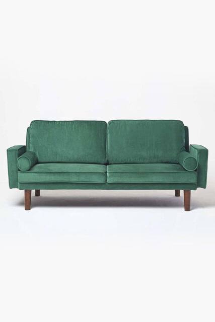 Homescapes Stanley Velvet Click Clack Sofa Bed with Armrests in Dark Green - image 1
