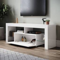 SPETLEK High Gloss White TV Stand Cabinet Unit Drawer - Size: 100 cm x 15 cm - thumbnail 1