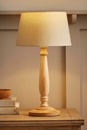 ValueLights Victoria Light Wood Traditional Stem Table Lamp with Fabric Tapered Shade in Cream
