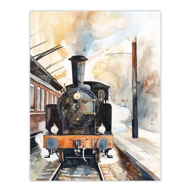 "Artery8 Vintage Travel Steam Train Front View Watercolour Wall Art Print in Brown - Size: W24"" x H32""" - image 1
