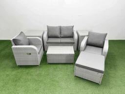 Fimous Light Grey PE Wicker Rattan Garden Furniture Set Sofa Set Reclining Adjustable Chair Rectangular Coffee Table 5 Seater w/ Footstool 2 Side - thumbnail 1