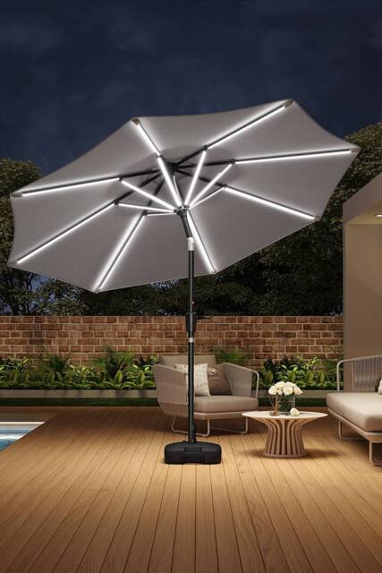 Living and Home Large Solar Powered LED Patio Umbrella for Outdoor Garden Patio with Base in Light Grey - image 1
