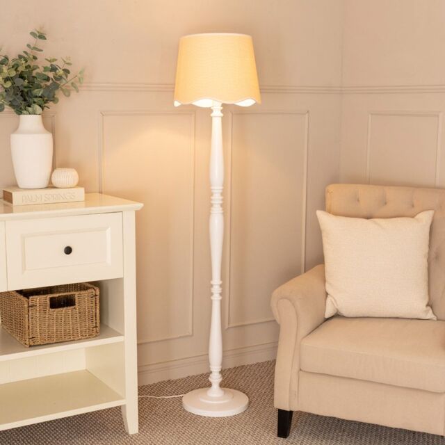 ValueLights Victoria White Wood Floor Lamp with Linen Scallop Trim Tapered Shade & Bulb - image 1