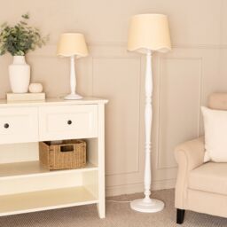 ValueLights Victoria White Wood Floor Lamp with Linen Scallop Trim Tapered Shade & Bulb - thumbnail 3