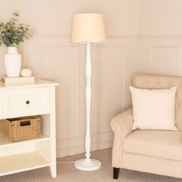 ValueLights Victoria White Wood Floor Lamp with Linen Scallop Trim Tapered Shade & Bulb - thumbnail 5