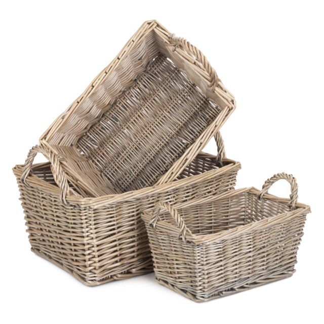 Red Hamper Wicker Set of Three Antique Wash Finish Handled Unlined Storage Basket in Brown - image 1