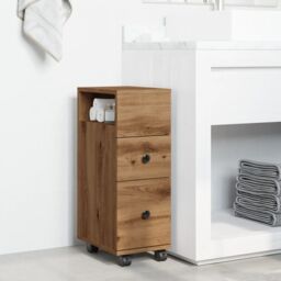 Berkfield Home Narrow Bathroom Cabinet with Wheels Artisian Oak Engineered Wood in Brown - thumbnail 3