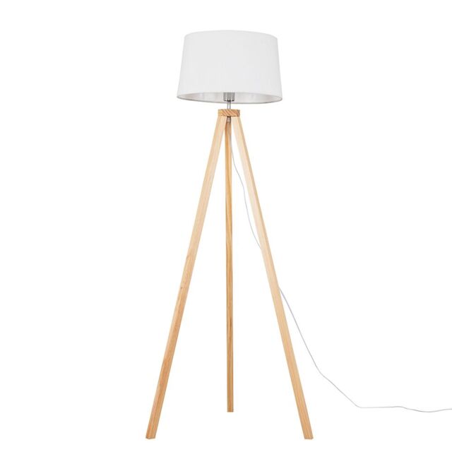 ValueLights Barbro Light Wood Tripod Floor Lamp with Linen Tapered Shade in White - image 1