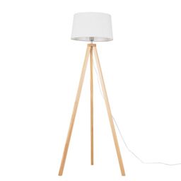 ValueLights Barbro Light Wood Tripod Floor Lamp with Linen Tapered Shade in White