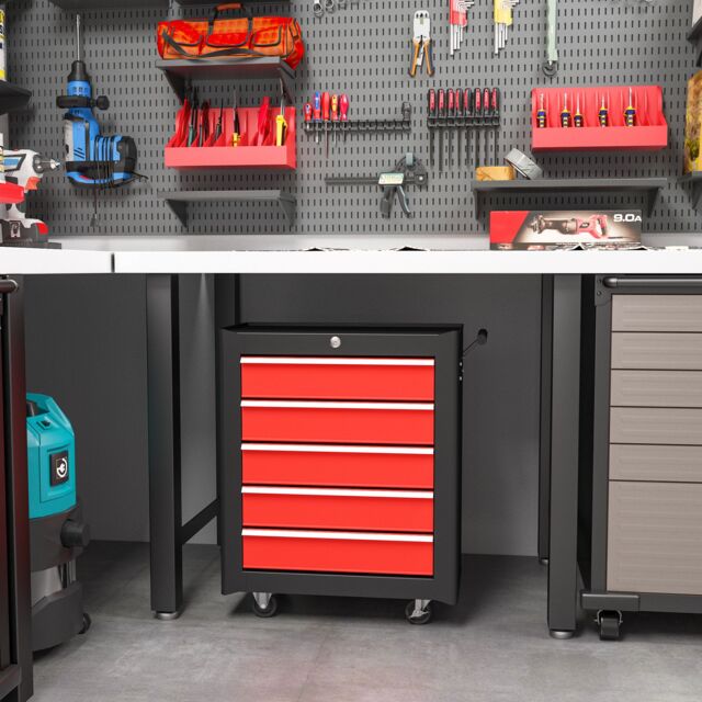 HOMCOM 5-Drawer Tool Chest Steel Lockable Tool Storage Cabinet w/ Wheels in Red - image 1