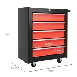 HOMCOM 5-Drawer Tool Chest Steel Lockable Tool Storage Cabinet w/ Wheels in Red - thumbnail 3