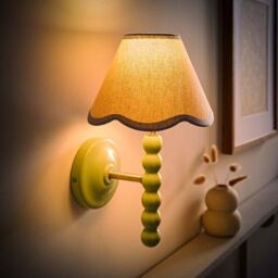ValueLights Bobbins Sage Green Wall Light with Linen Trim Lamp Shade & LED Bulb in Pale Blue
