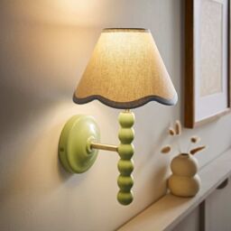 ValueLights Bobbins Sage Green Wall Light with Linen Trim Lamp Shade & LED Bulb in Pale Blue - thumbnail 2