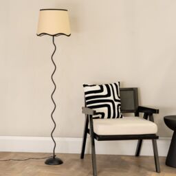 ValueLights Wiggle Black Metal Floor Lamp with Linen Scallop Trim Tapered Lamp Shade & Bulb - thumbnail 4