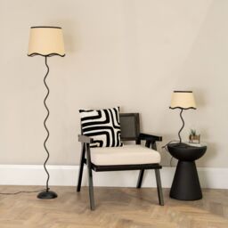 ValueLights Wiggle Black Metal Floor Lamp with Linen Scallop Trim Tapered Lamp Shade & Bulb - thumbnail 3