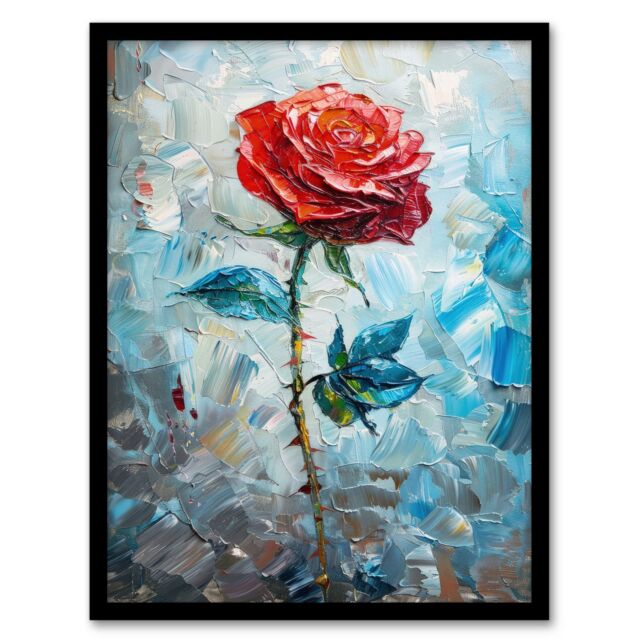 "Artery8 Wall Art Print Single Red Rose Oil Painting Romance Artistic Art Framed Poster in Black - Size: W12"" x H16""" - image 1