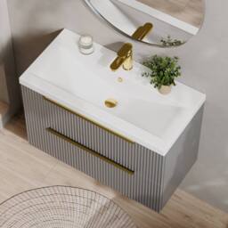 Balterley Fluted Front Wall Hung 2 Drawer Vanity Basin Unit, Satin Grey, 800mm in Grey - thumbnail 3