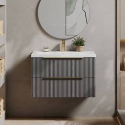 Balterley Fluted Front Wall Hung 2 Drawer Vanity Basin Unit, Satin Grey, 800mm in Grey - thumbnail 2
