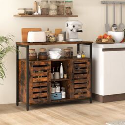Costway Kitchen Buffet Cabinet Industrial Sideboard with Slatted Door & 3 Adjustable Shelves in Brown - thumbnail 1