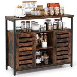 Costway Kitchen Buffet Cabinet Industrial Sideboard with Slatted Door & 3 Adjustable Shelves in Brown - thumbnail 2