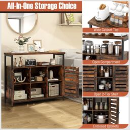 Costway Kitchen Buffet Cabinet Industrial Sideboard with Slatted Door & 3 Adjustable Shelves in Brown - thumbnail 6