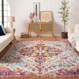 Livabliss Harput-Vintage Blue Orange Yellow Grey Traditional Boho Living Rug in Pink - Size: 60 cm x 90 cm - thumbnail 7