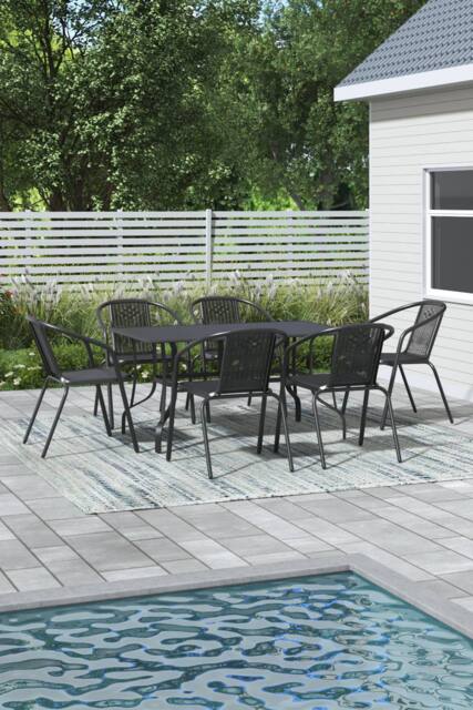 Garden Sanctuary Metal Slatted Outdoor Garden Coffee Table with 6 Rattan Chairs in Black - image 1