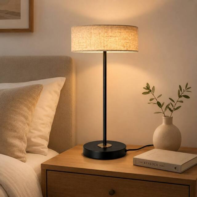 Kairui Lighting Modern LED Table Lamp With Natural Linen Shade H46cm Warm in Black - image 1