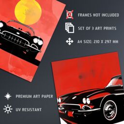 "Artery8 Set of 3 Classic Sports Cars Modern Bold Red 12X16"" Wall Art Prints - Size: A4" - thumbnail 4