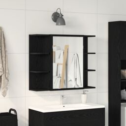 Berkfield Home Mirror Cabinet Black Oak Solid Oak Wood Compact Bathroom Vanity