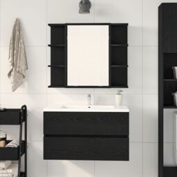 Berkfield Home Mirror Cabinet Black Oak Solid Oak Wood Compact Bathroom Vanity - thumbnail 4