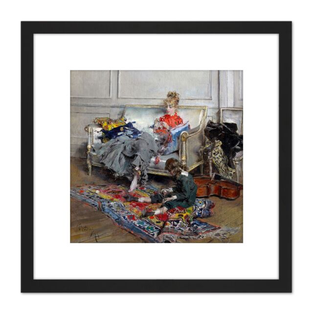 Artery8 Giovanni Boldini Young Woman Crocheting 1875 Painting 8X8 Inch Square Wooden Framed Wall Art Print Picture with Mount in Black - image 1