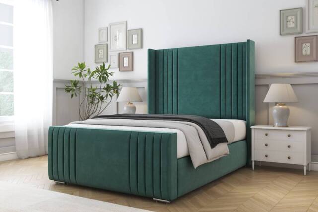 "Comfort Beds Elise Plush Bed Frame - 50"" Upholstered Wingback Headboard in Emerald - Size: Single" - image 1