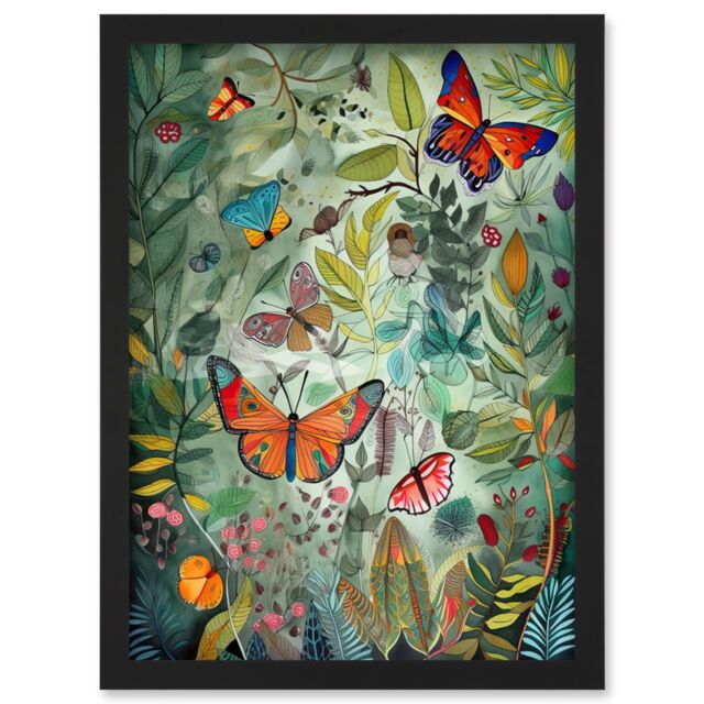 Artery8 Butterflies in a Spring Field Modern Folk Art Artwork Framed Wall Art Print A4 in Black - image 1