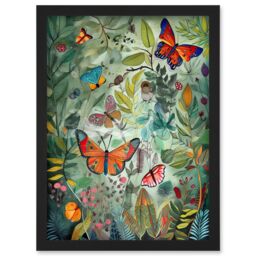 Artery8 Butterflies in a Spring Field Modern Folk Art Artwork Framed Wall Art Print A4 in Black - thumbnail 1
