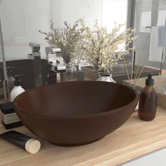 Berkfield Home Luxury Basin Oval-shaped Matt Dark Brown 40x33 cm Ceramic - image 1