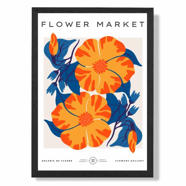 ARTZE Orange & Blue Cosmos Flower Market Exhibition Framed Print SIZE: A3 with Black Frame - image 1