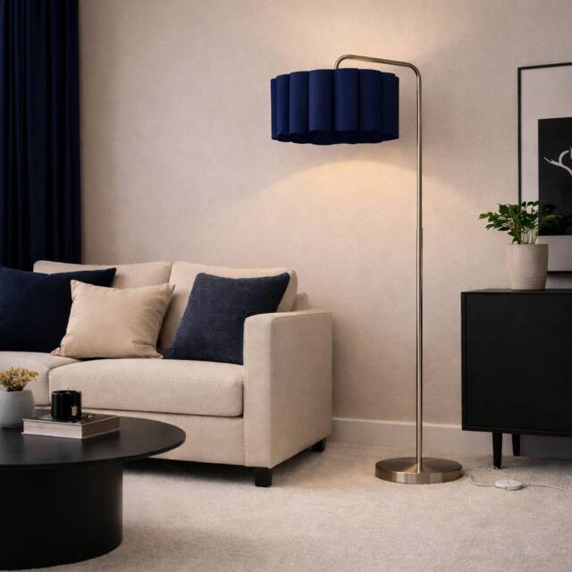 CGC Lighting Kyra Brushed Nickel Angled Floor Lamp with Large Scalloped Lampshade in Dark Blue - image 1