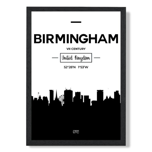 ARTZE Birmingham Black & White City Skyline Framed Print SIZE: A2 with Black Frame - Size: A4 - image 1