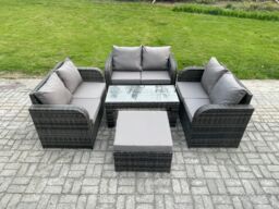 Fimous Rattan Garden Furniture Set 7 Seater Indoor Outdoor Patio Sofa Set with Coffee Table Loveseat Sofa Big Footstool Dark Grey Mixed - thumbnail 2