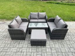 Fimous Rattan Garden Furniture Set 7 Seater Indoor Outdoor Patio Sofa Set with Coffee Table Loveseat Sofa Big Footstool Dark Grey Mixed - thumbnail 1