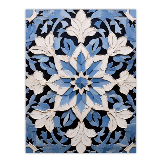 "Artery8 Wall Art Print Blue Arabesque Flower Design Ornate Symmetrical Floral Pattern Poster - Size: W18"" x H24""" - image 1