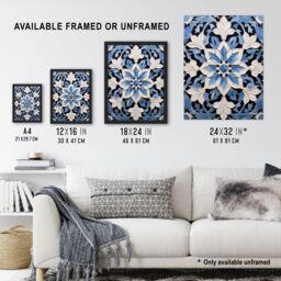 "Artery8 Wall Art Print Blue Arabesque Flower Design Ornate Symmetrical Floral Pattern Poster - Size: W18"" x H24""" - thumbnail 3