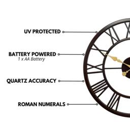 Marco Paul Large Skeleton Metal Wall Clock 50cm Roman Numeral Black Outdoor/Indoor - thumbnail 8