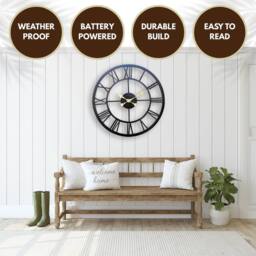 Marco Paul Large Skeleton Metal Wall Clock 50cm Roman Numeral Black Outdoor/Indoor - thumbnail 4