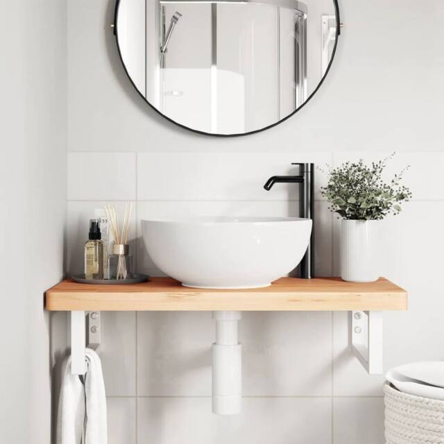 Berkfield Home Elegant Basin Shelf Wall Mounted Steel & Solid Wood Beech in Brown - image 1